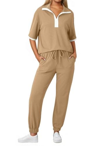 Dokotoo Vacation Outfits for Women Casual Turn Down Collar Tops Short Sleeve Shirts and Long Pants Summer Cloths Fashion 2 Piece Sweatsuit Cute Jumpsuits Lounge Set Beige Small - Image 1