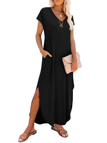 RUMIA Summer Casual Maxi Dresses for Women- Women's V Neck Cap Sleeve Long Sundress with Pockets Beach Vacation Black - Image 1