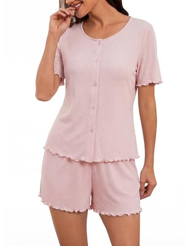 Blooming Jelly Womens Lounge Sets 2 Piece Pajamas Short Sleeve Button Down Pj Set Cute Nightwear Shirt with Shorts Pink X-Large - Image 1