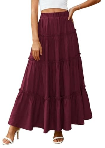 PRETTYGARDEN Boho Maxi Skirts for Women Trendy Summer 2026 Spring Long Flowy A Line Tiered Skirt Beach Vacation Clothes Dress (Burgundy,Large) - Thumbnail 2