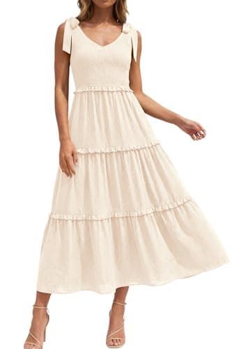 Okiwam Womens Summer Dresses 2026 Sleeveless Tie Strap Maxi Long Flowy Beach Sundresses Boho Swiss Dot Spring Wedding Guest Dress-L Beige - Image 1