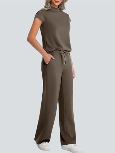 Casly Lamiit Womens Sets 2 Piece Outfits Summer Mock Neck Tops Casual Short Sleeve Travel Lounge Set Airport Beach Vacation Resort Wear Coffee M - Thumbnail 4