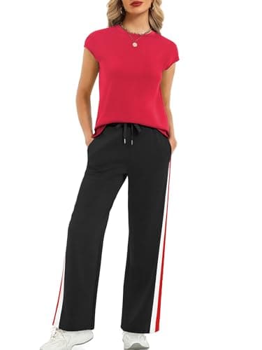 Casly Lamiit Spring Summer Sweatsuits for Women 2026 Business Dressy Casual Outfits Cute Short Sleeve Tops Athleisure Wide Leg Pants Lounge Set Red XL - Image 1