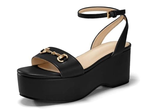 Junayuan Womens Platform Sandals Chunky Wedges Heels Open Toe Ankle Strap Summer Dress Shoes with Metal Buckle, Black, Size 9.5 - Image 1