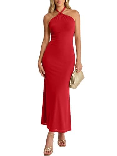 Prinbara Womens Halter Neck Bodycon Maxi Dresses 2026 Summer Mesh Backless Elegant Formal Wedding Guest Party Club Long Dress Red Medium - Image 1