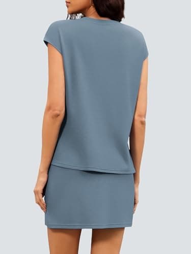 Casly Lamiit Summer Outfits for Women 2 Piece Tennis Skirts with Shorts Sets Pleated Comfy Matching Clothing Drawstring Tropical Lounge Sets Blue Grey XL - Thumbnail 5