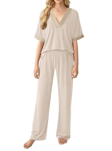 GKBK Womens Two Piece Outfits Pajama Sets 3/4 Dolman Sleeve V Neck Sleepwear Nightwear Loungewear Matching Pjs 2 Piece Lounge Set Lounging Pullover Top and Wide Leg Pants Trendy Outfits Beige M - Thumbnail 2