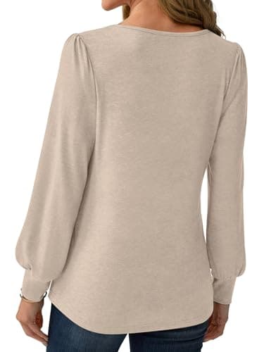 GKBK Women Long Puff Sleeve Tops Dressy Business Casual Blouses Basic Loose Fit Crewneck Work Office Shirts Pleated Cute 2025 Fall Winter Fashion Clothes Stylish Outfits Beige Medium - Thumbnail 3