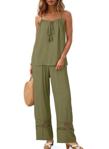 Dokotoo Womens 2 Piece Outfits Summer Loose Fit Casual Lounge Wear Spaghetti Strap Boho Tops and Lace Pants Going Out Resort Wear with Pockets Green Medium - Image 1