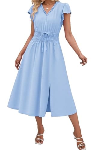 Angashion Womens Summer Midi Dresses Casual V Neck Cap Sleeve Empire Waist Elegant 2026 Flowy Solid Long Dress with Pockets SBL L Sky Blue - Image 1