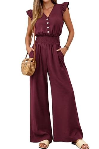 dowerme Women's Jumpsuits Dressy Casual 2026 Summer Ruffle Cap Sleeve V Neck Button Smocked Rompers Wide Leg Overalls(Burgundy,XX-Large) - Image 1