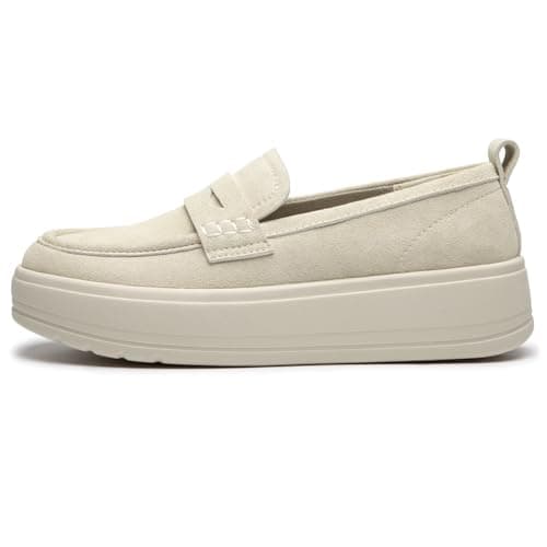 Rihero Slip On Womens Loafers Comfortable Casual Loafer Shoes Trendy Round Toe Platform Shoes for Work Walking Beige Size 9 - Thumbnail 5