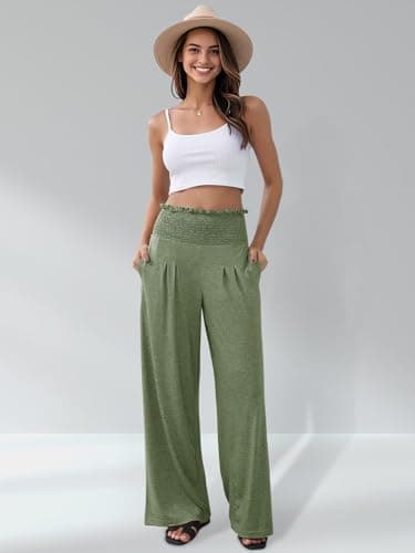 GEMLON Womens Wide Leg Pants High Waisted Palazzo Pants Summer Flowy Lounge Trousers Casual Pants with Pockets Green 2XL - Thumbnail 4