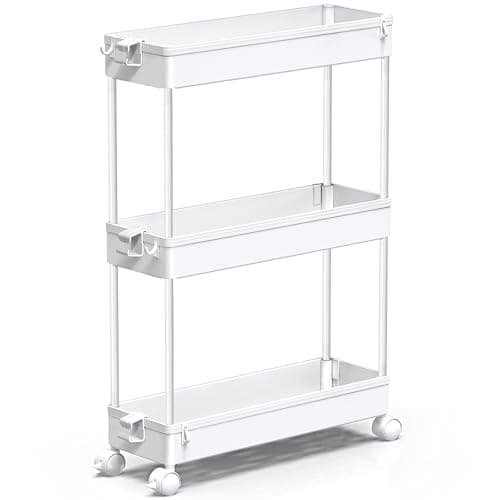 SPACEKEEPER Slim Rolling Storage Cart, 3 Tier Bathroom Storage Organizer Laundry Room Utility Cart Mobile Shelving Unit, Multi-Purpose for Kitchen Office Bathroom Laundry Narrow Places, White - Thumbnail 5