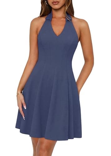 Lazysmile Summer Dresses for Women Sleeveless Halter Lapel V Neck Backless A Line Formal Cocktail Party Short Dress Grey Blue - Image 1