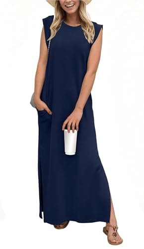HiMONE 2026 Petite Women Year-Round Casual Round Neck Loose Split Wrinkle-Free Long Maxi Vacation Dress with Pockets Navy Blue - Image 1