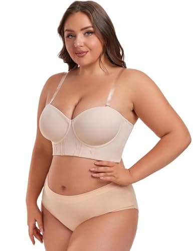 Lusait Women's Longline Strapless Bra Underwired Full Coverage Corset Bra Push Up Boned Hide Back Fat Beige 42DDD - Thumbnail 3