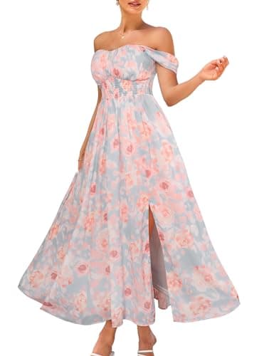 2026 Women's Summer Sleeveless Off Shoulder Floral Flowy A Line Maxi Dresses Light Blue Pink XXL - Image 1