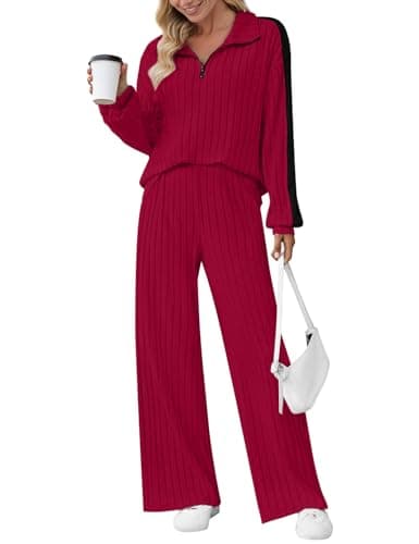 JUSTFASHIONNOW Womens 2 Piece Sweatsuits Set Long Sleeve Ribbed Knit Comfy Lounge Sets Half Zip Pullover Sweatshirt Wide Leg Sweatpants Fall Outfits Christmas Tracksuit (Red, XX-Large) - Thumbnail 2