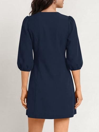 Wenrine Womens Summer Mini Dresses Casual Crewneck 3/4 Lantern Sleeve Button Down A Line Business Work Dress Navy - Thumbnail 5