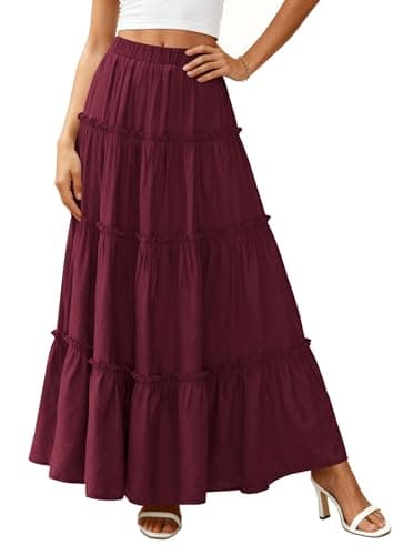 PRETTYGARDEN Boho Maxi Skirts for Women Trendy Summer 2026 Spring Long Flowy A Line Tiered Skirt Beach Vacation Clothes Dress (Burgundy,Large) - Thumbnail 6