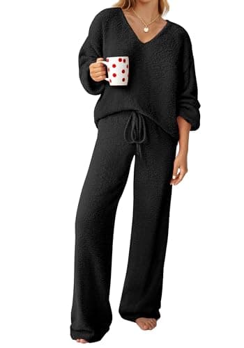 GKBK Womens 2 Piece Outfits Knitted Sweater Sets Fuzzy Fleece Long Sleeve Top Wide Leg Pants Loungewear Matching Sweatpants Lounge Set Track Suit 2026 Fall Winter Cute Fashion Clothes Black XL - Image 1