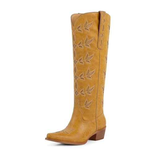 QIY Cowgirl Boots Women Embroidered Banana Yellow Cowboy Boots for Women Nashville Pointed Toe Block Heel Knee High Western Cow Girl Boot Size 6.5 - Thumbnail 4
