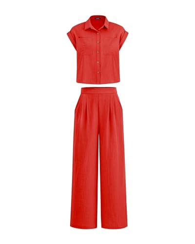 PRETTYGARDEN Womens 2 Piece sets Summer Cap Sleeve Tops Palazzo Pants Dressy Casual Vacation Travel Outfits Tracksuits(Red,Medium) - Image 1