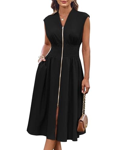 GRACE KARIN Black Dress for Women 2025 Summer Trendy Sleeveless Zipper Front V Neck Smocked Waist Knee Length Dress 2XL - Image 1