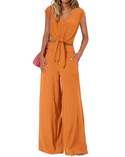 PRETTYGARDEN Women's Summer 2 Piece Outfits 2026 Cap Sleeve V Neck Belted Crop Tops Wide Leg Pant Sets Casual Tracksuit(Solid Orange,X-Large) - Image 1