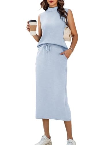 Casly Lamiit Womens 2 Piece Lounge Set Summer Casual Travel Outfits Spring Sleeveless Midi Skirt Sets with Pockets Light Blue S - Image 1