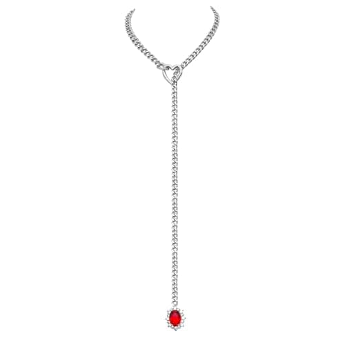 EverGlimp Women's Gold Heart O-Ring Necklace, Adjustable 25'' Cuban Chain with Detachable Heart Clasp and Colorful Rhinestone Pendant (Silver-Royal Red) - Image 1