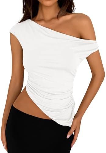 PRETTYGARDEN Womens Off The Shoulder Y2K Tops 2026 Summer Sleeveless Asymmetrical Ruched Going Out Tank Top Fashion Clothing (White,X-Large) - Image 1