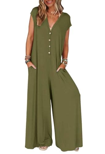 MEROKEETY Women's 2025 Summer Cap Sleeve Jumpsuits Deep V Neck Button Onesie Wide Leg Pants Rompers, Olive, XL - Image 1