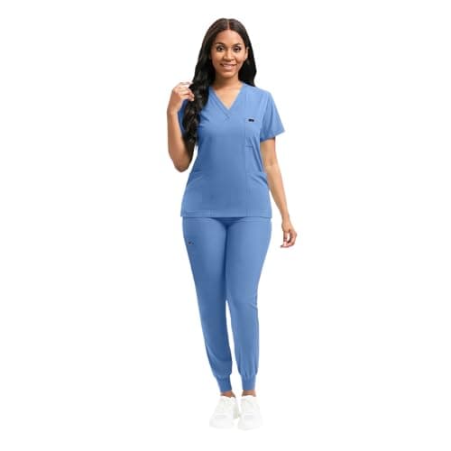 YEZEX Scrubs for Women Set, Stretch V-Neck Top & Jogger Scrub Pants, CeilBlue - Thumbnail 2