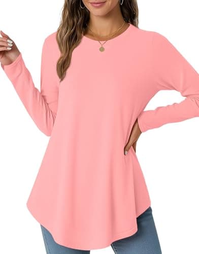 JUSTFASHIONNOW Womens Tops Long Sleeve Shirts Crew Neck Tunics or Tops To Wear with Leggings Casual Loose T Shirts Fall Trendy Blouse (Pink, Large) - Image 1