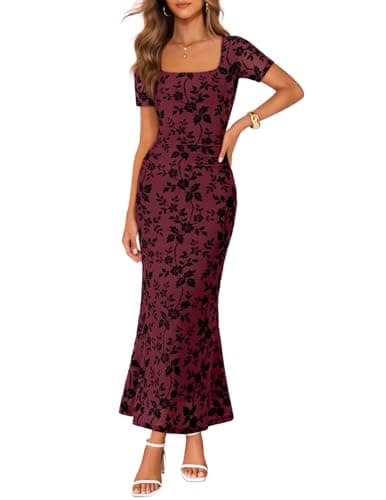 MEROKEETY Women's Summer Floral Bodycon Maxi Dress 2026 Square Neck Short Sleeve Mesh Wedding Guest Cocktail Party Dresses, Burgundy, X-Large - Image 1