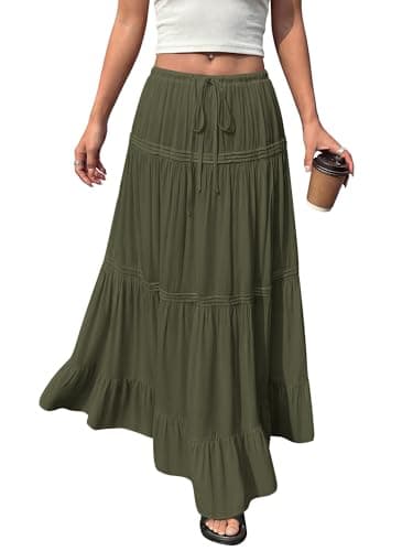BTFBM Spring Skirts for Women 2026 Summer Boho Beach Vacation Clothes Casual Pleated High Waisted Flowy Maxi Skirt(Army Green, X-Large) - Image 1