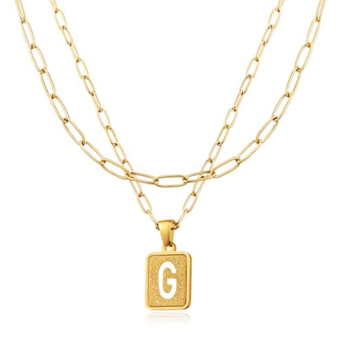 LETFLY Initial Gold Necklaces for Women, 18K Gold Plated Letter Layering Necklace Square Shaped Pendant with Adjustable Paperclip Chain for Womens Jewelry Gifts Alphabets G - Image 1