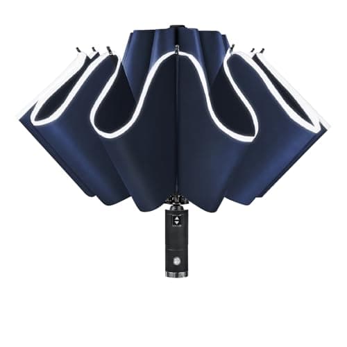 Lejorain Compact Inverted Reflective Umbrella - Automatic Folding Reverse LED Umbrella Travel Windproof Umbrellas for Rain - Image 1