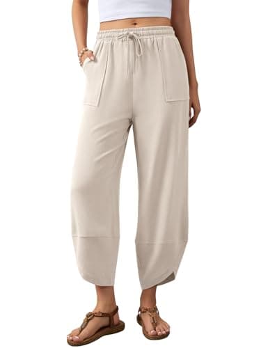 Jiflora Petite Linen Pants for Women Wide Leg Baggy Comfy Pants Elastic Waist with Pockets Beach Apricot S - Image 1