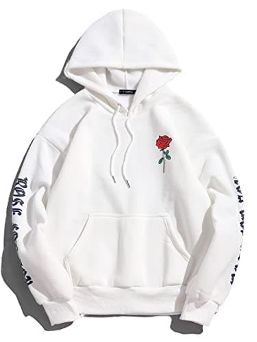 ZAFUL Mens Graphic Hoodies Essentials Hoodie Fleece Rose Letter Print Casual Drawstring Unisex Hooded Pullover Sweatshirt - Thumbnail 4