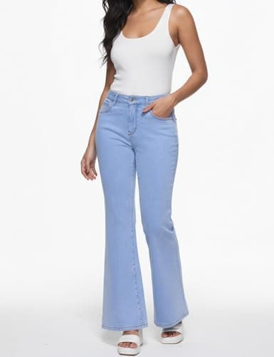 ZPIUO Flare Jeans for Women High Waisted Bell Bottom Stretchy Curvy Fit Wide Leg Denim Pants with Pockets LightBlue Size 10 - Thumbnail 6