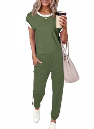 Dokotoo 2 Piece Sets for Women Summer Outfits Sweatsuit Colorblock Comfy Lounge Sets Short Sleeve Jogger Matching Sets Women Clothing Pajama Sets Womens Fashion - Image 1