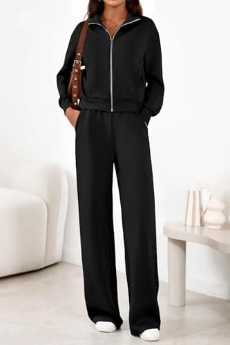 PRETTYGARDEN Womens 2 Piece Outfits Spring Sweatsuits Zip Up Sweatshirt Wide Leg Sweatpants Casual Tracksuit Lounge Sets(Black,Small) - Thumbnail 3