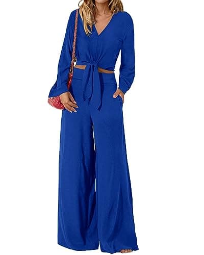 PRETTYGARDEN Women's 2 Piece Outfits 2025 Fall Fashion V Neck Long Sleeve Strappy Crop Top Wide Leg Pant Lounge Sets(Royal Blue,Small) - Image 1