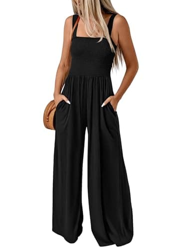 KIRUNDO Black Jumpsuits for Women Casual Loose Fit One Piece Sleeveless Wide Leg Jumpsuit Womens Overalls Long Pant Rompers with Pockets Summer Outfits(Black, Large) - Image 1