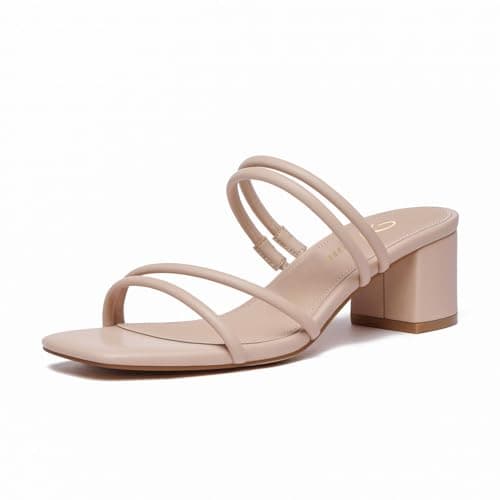 Athlefit Chunky Heels Sandals for Women Square Open Toe Slip On Heels Sexy Double Strap Block Nude Heels Sandals Size 6 - Image 1