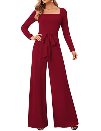 LOOKBOHO Womens Jumpsuit Dressy Square Neck Long Sleeve Belted Wide Leg Romper One Piece Casual Spring Outfits Wine Red XL - Image 1