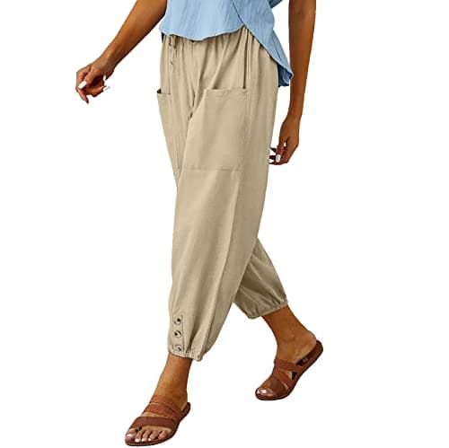 WROLEM Women's High Waist Pants Drawstring Capri Pants with Pockets Wide Leg Cropped Pants Khaki X-L - Image 1
